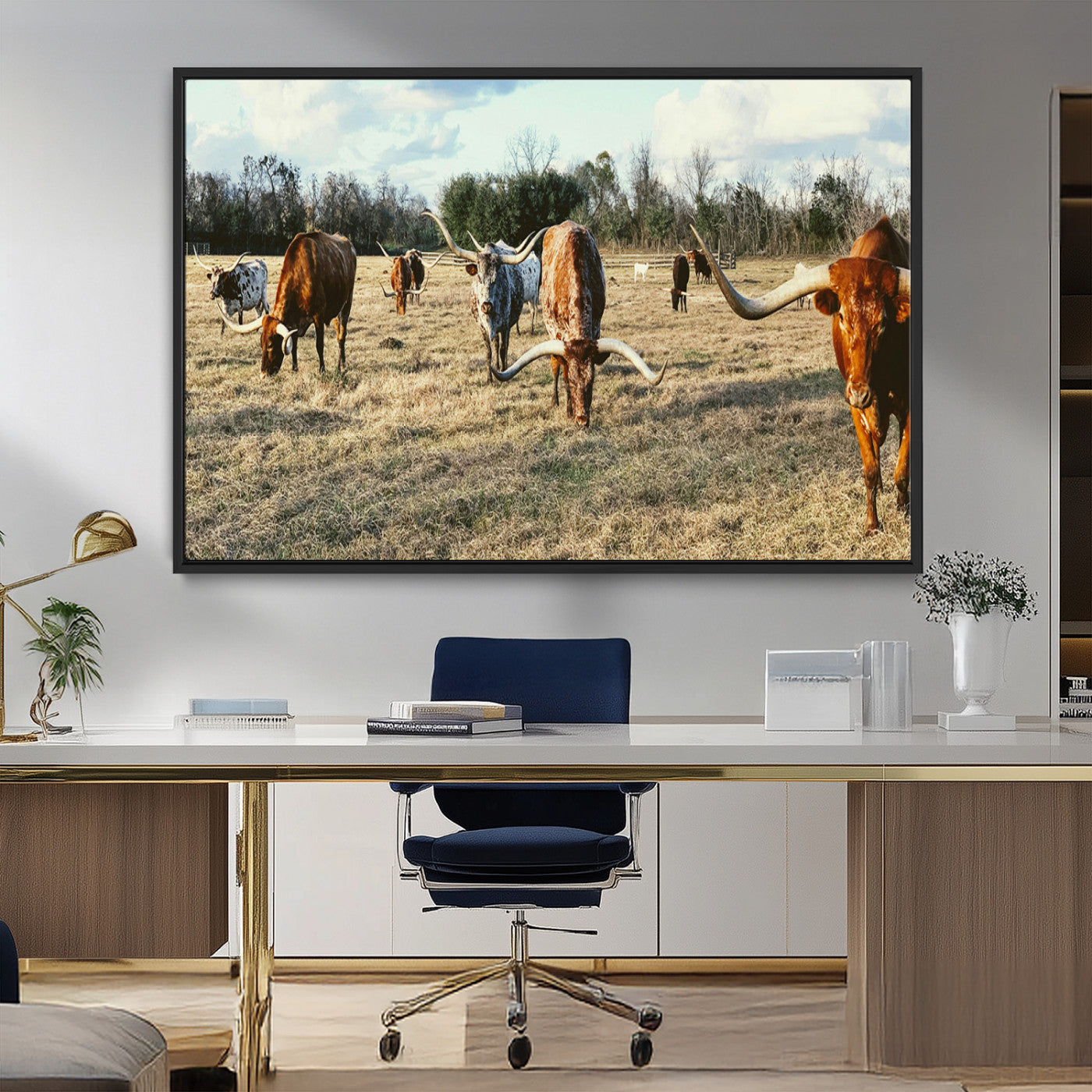 39144651-MGV-CV-36X24-Texas Longhorns Wall Art Canvas Print, Framed Rustic Farm Scene Art Picture Print, Western Cattle Perfect Rustic Farmhouse Decor