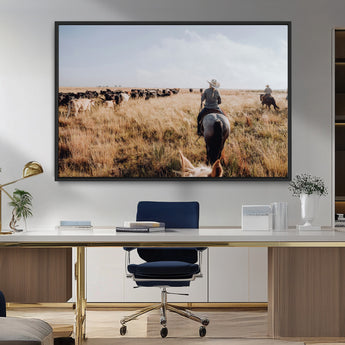 22431577-MGV-FC-36X24_Black-Western Wall Art Wall Art Canvas Print, Framed Cowboy Canvas Art Picture Print, Cattle Drive Scene Perfect Rustic Western Decor