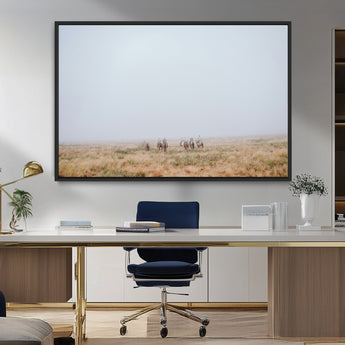 14761944-MGV-CV-36X24-Foggy Plains Wall Art Canvas Print, Framed Horseback Riders Art Picture Print, Rustic Western Perfect Rustic Western Decor Artwork