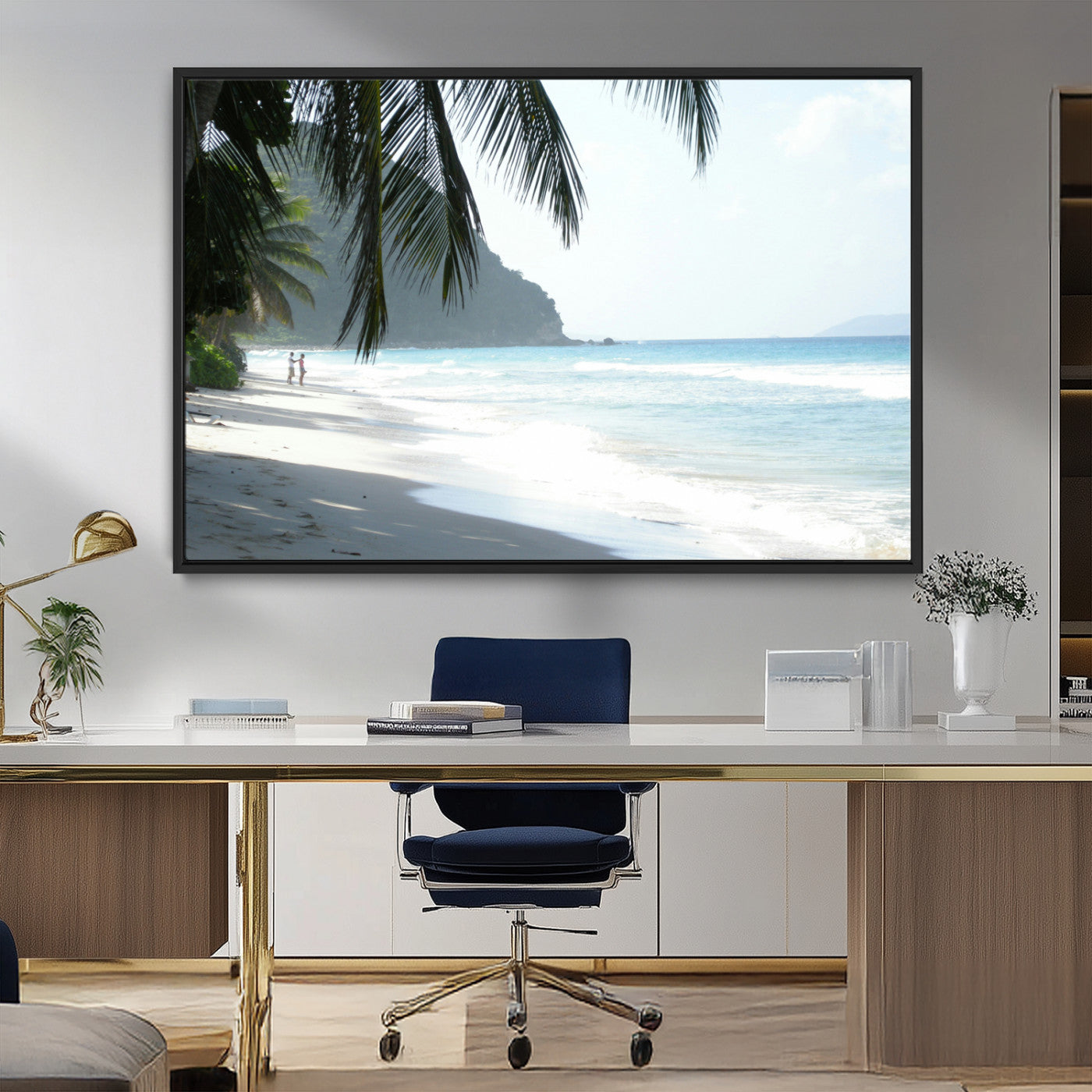 18311030-MGV-CV-36X24-Tropical Beach Wall Art Canvas Print, Framed Serene Ocean Art Picture Print, Palm Tree Shadows Perfect Tropical Coastal Decor