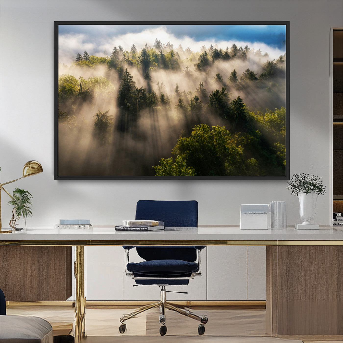 14785710-MGV-FC-36X24_Black-Tranquil Forest Scene Wall Art Canvas Print, Framed Sunbeam Through Trees Art Picture Print, Moody Green Wall Art Perfect