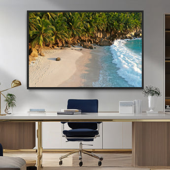 82312665-MGV-FC-36X24_Black-Tropical Beach Wall Art Canvas Print, Framed Ocean Waves Art Picture Print, Palm Trees Perfect Coastal Minimalist Decor Artwork