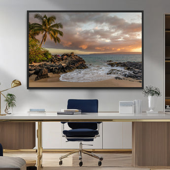 55108220-MGV-FC-36X24_Black-Tropical Beach Wall Art Canvas Print, Framed Hawaiian Sunset Art Picture Print, Ocean Waves Perfect Coastal Tropical Decor Artwork