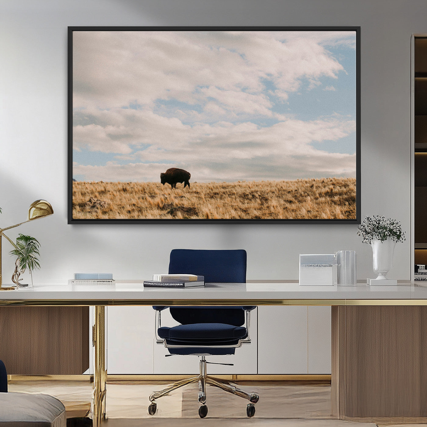 22754563-MGV-CV-36X24-Earthy Tones Wall Art Canvas Print, Framed Rustic Nature Art Picture Print, Solitary Buffalo Perfect Western Minimalist Decor