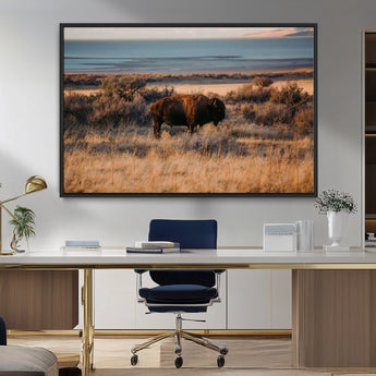 39509187-MGV-FC-36X24_Black-Western Wildlife Wall Art Canvas Print, Framed Bison Art Picture Print, Golden Hour Perfect Western Rustic Decor Artwork