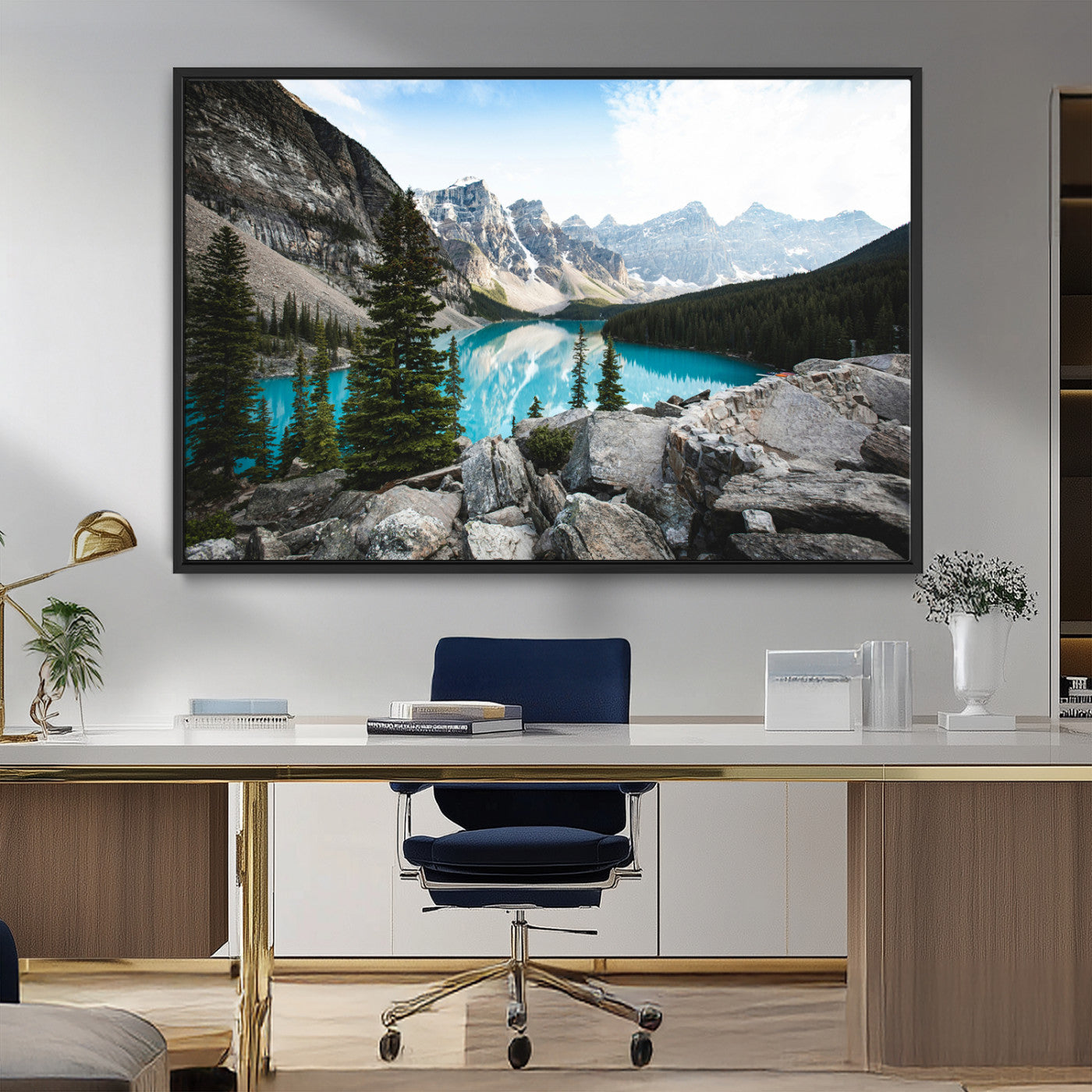 98014896-MGV-FC-36X24_Black-Canadian Rockies Wall Art Canvas Print, Framed Mountain Landscape Art Picture Print, Turquoise Water Perfect Scandinavian