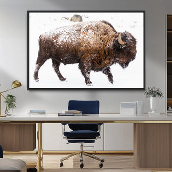 94261165-MGV-FC-36X24_Black-Snowy Buffalo Wall Art Canvas Print, Framed Wildlife Photography Art Picture Print, Brown Tones Perfect Rustic Lodge Decor Decor
