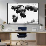 18914414-MGV-CV-36X24-Buffalo Herd Wall Art Canvas Print, Framed Black and White Art Picture Print, Snowy Landscape Perfect Rustic Lodge Decor Decor