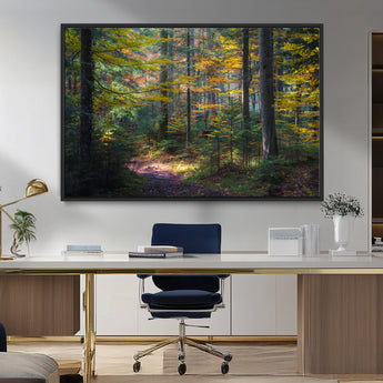 65810864-MGV-FC-36X24_Black-Autumn Forest Wall Art Canvas Print, Framed Fall Woodland Art Picture Print, Golden Leaves Perfect Rustic Farmhouse Decor Artwork