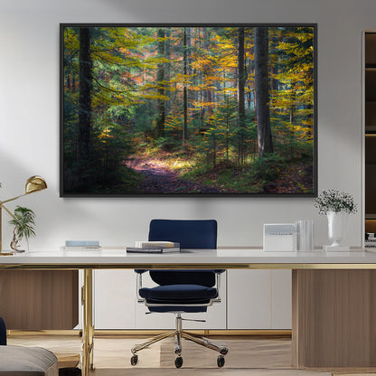 65810864-MGV-FC-36X24_Black-Autumn Forest Wall Art Canvas Print, Framed Fall Woodland Art Picture Print, Golden Leaves Perfect Rustic Farmhouse Decor Artwork