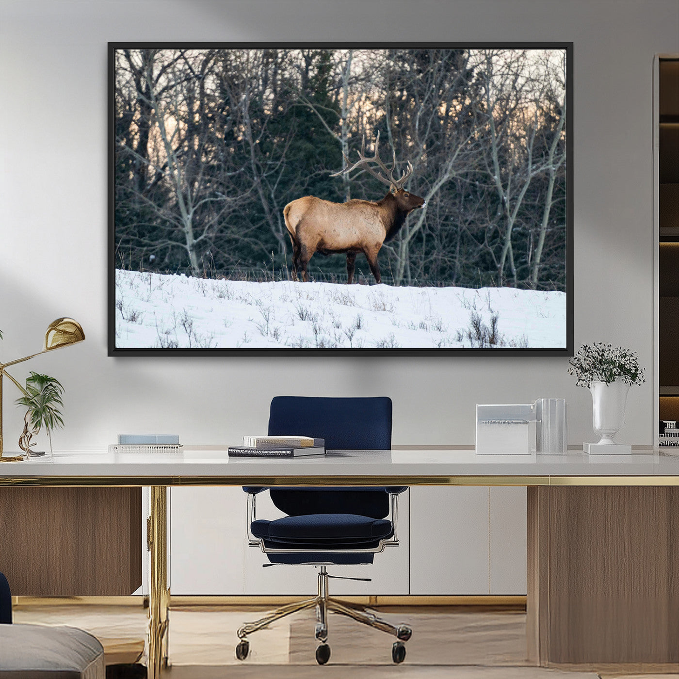 36533178-MGV-FC-36X24_Black-Wild Elk Photography Wall Art Canvas Print, Framed Winter Wildlife Art Picture Print, Snowy Forest Perfect Rustic Lodge Decor