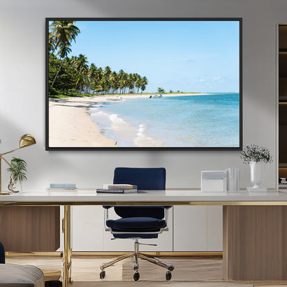 37858872-MGV-CV-36X24-Palm Tree Coast Wall Art Canvas Print, Framed Island Getaway Art Picture Print, Crystal Blue Water Perfect Tropical Coastal Decor