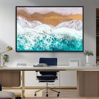 26870666-MGV-FC-36X24_Black-Aerial Beach Wall Art Canvas Print, Framed Ocean Waves Art Picture Print, Coastal Landscape Perfect Coastal Minimalist Decor