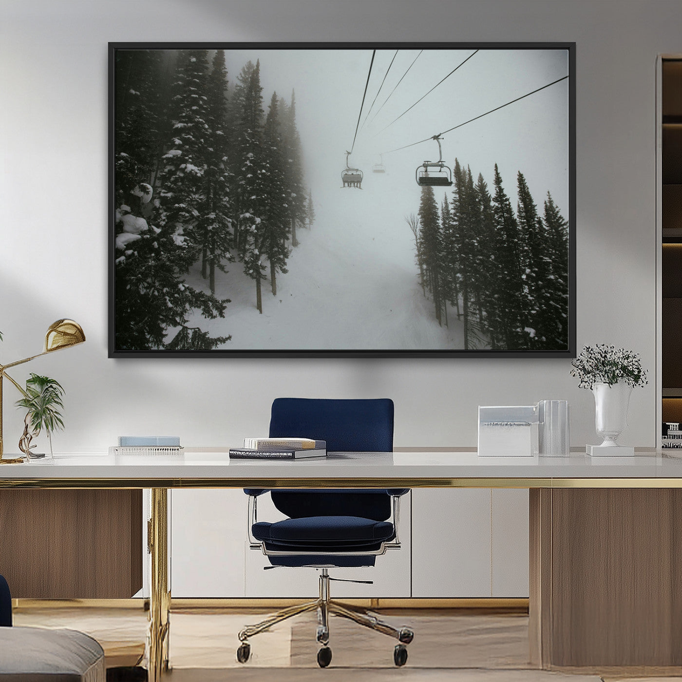 87018452-MGV-FC-36X24_Black-Ski Lift Wall Art Canvas Print, Framed Snowy Pines Art Picture Print, Misty Landscape Perfect Winter Serenity Decor Artwork