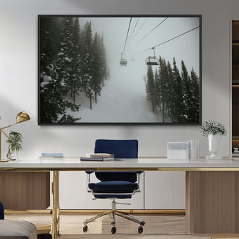 87018452-MGV-FC-36X24_Black-Ski Lift Wall Art Canvas Print, Framed Snowy Pines Art Picture Print, Misty Landscape Perfect Winter Serenity Decor Artwork
