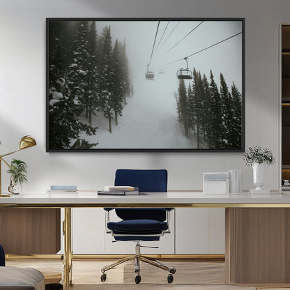87018452-MGV-FC-36X24_Black-Ski Lift Wall Art Canvas Print, Framed Snowy Pines Art Picture Print, Misty Landscape Perfect Winter Serenity Decor Artwork