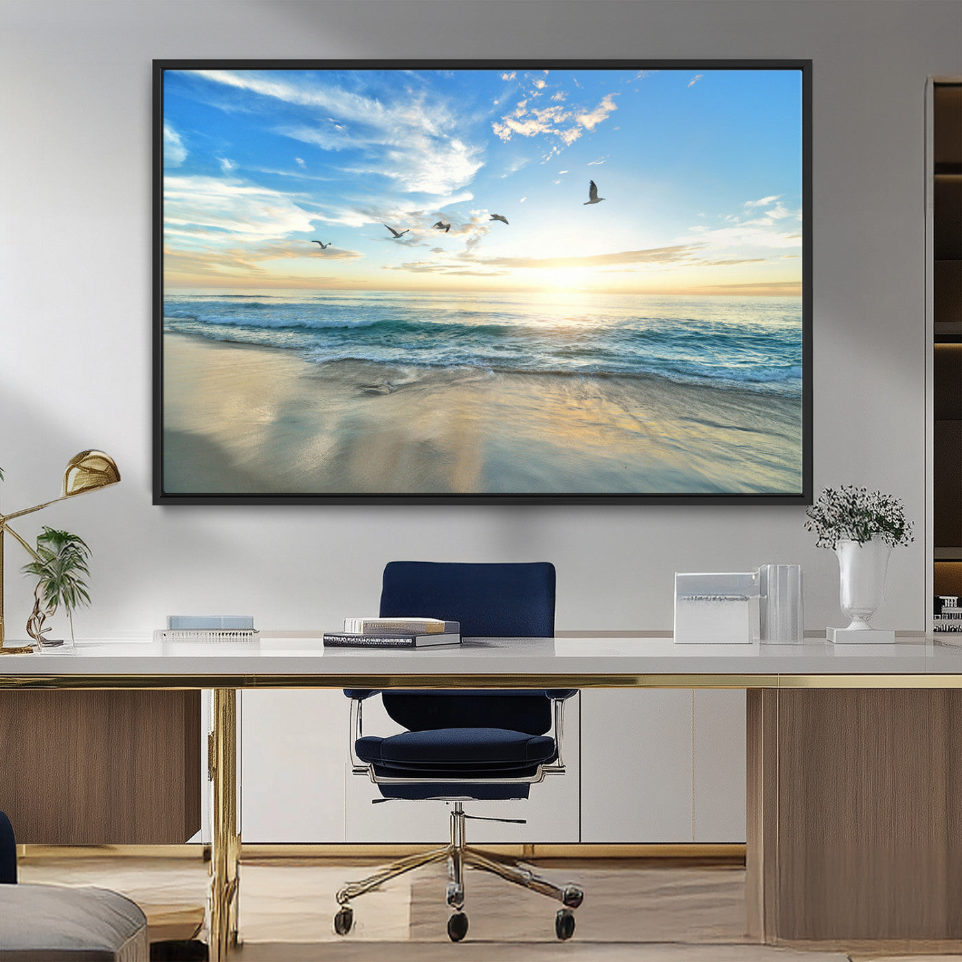 20708696-MGV-FC-36X24_Black-Minimalist Seaside Wall Art Canvas Print, Framed Morning Glow Art Picture Print, Golden Reflections Perfect Coastal Minimalist