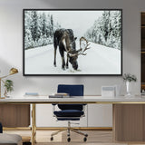 13316292-MGV-FC-36X24_Black-Moose in Snow Wall Art Canvas Print, Framed Winter Wildlife Art Picture Print, Snowy Forest Scene Perfect Rustic Lodge Decor