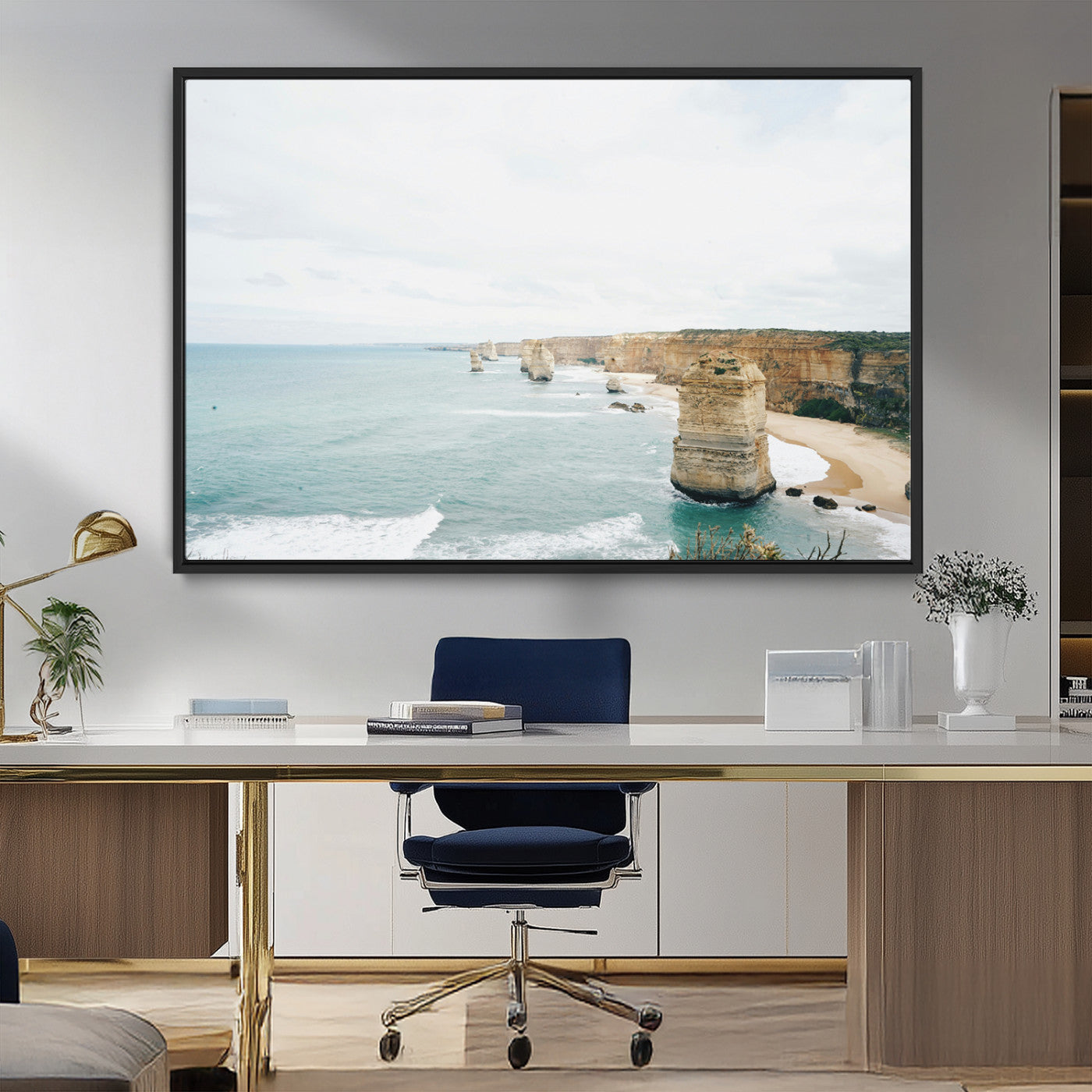 70095633-MGV-CV-36X24-Twelve Apostles Wall Art Canvas Print, Framed Coastal Cliffs Art Picture Print, Rugged Rock Formations Perfect Minimalist Coastal