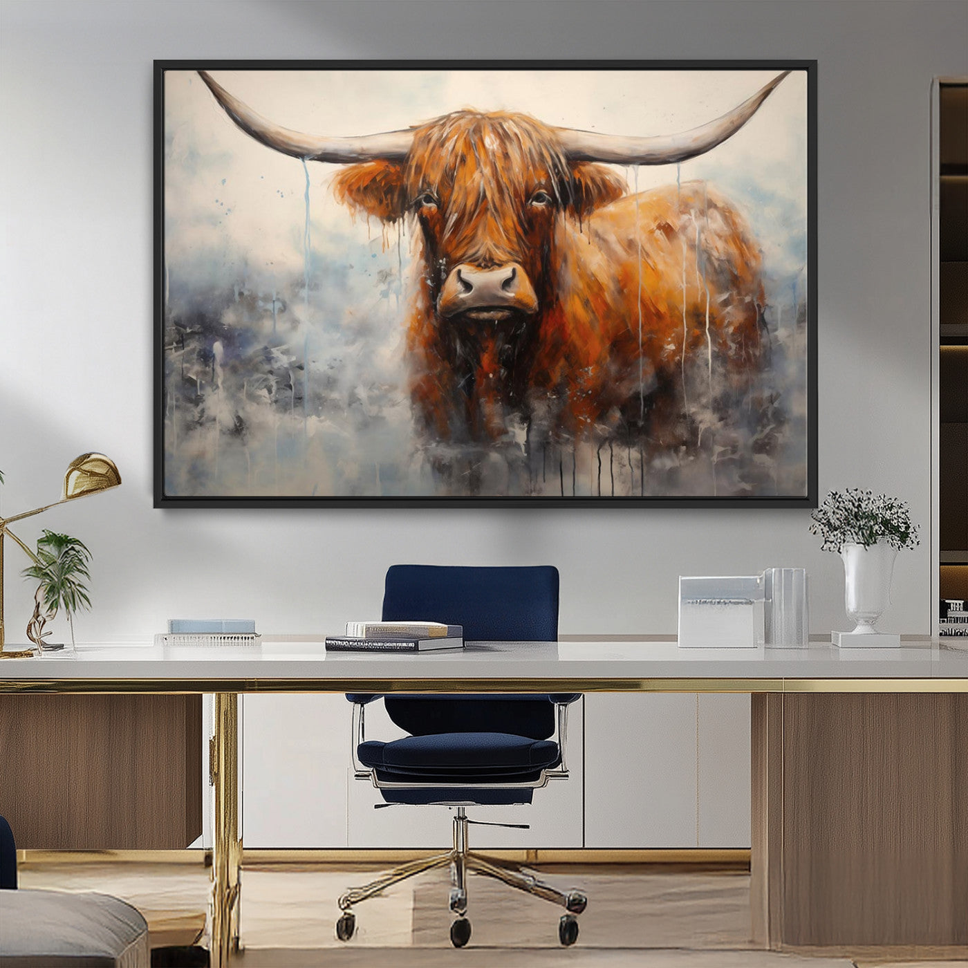 X61001-MGV-FC-36X24_Black-Scottish Highland Wall Art Canvas Print, Framed Longhorn Art Picture Print, Western Cow Perfect Farmhouse Decor Artwork