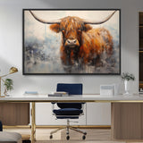 X61001-MGV-FC-36X24_Black-Scottish Highland Wall Art Canvas Print, Framed Longhorn Art Picture Print, Western Cow Perfect Farmhouse Decor Artwork