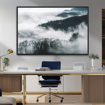 67569654-MGV-FC-36X24_Black-Foggy Forest Wall Art – Mist Covered Hills and Trees Landscape Canvas Print, Moody Nature Photography Decor for Living Room,