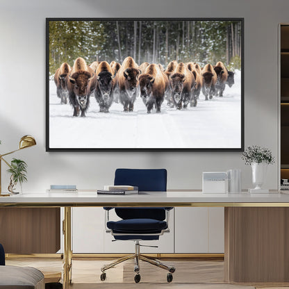 96906195-MGV-FC-36X24_Black-Bison Herd Wall Art – American Buffalo Wildlife Photography Canvas Print, Winter Snow Scene Western Nature Decor for Living Room,