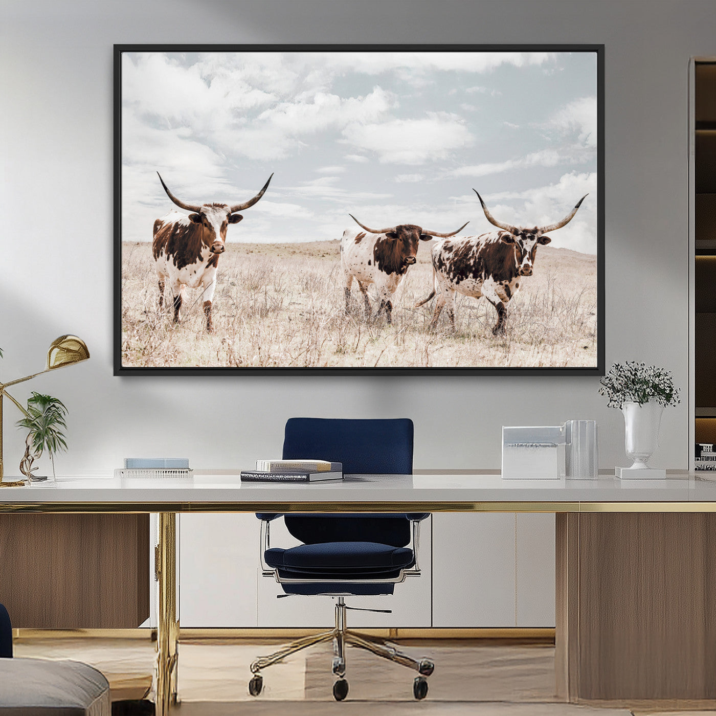 65621083-MGV-FC-36X24_Black-Texas Longhorn Wall Art – Rustic Western Cattle Canvas Print, Southwestern Ranch Photography Decor for Living Room, Office,