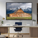 15173627-MGV-FC-36X24_Black-Barn Wall Art – Rustic Wooden Cabin Canvas Print with Snowy Mountain Landscape, Western Farmhouse Country Decor for Living Room,