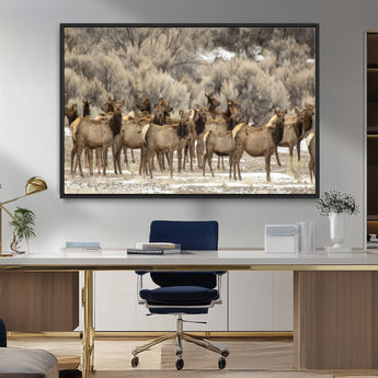 93076148-MGV-FC-36X24_Black-Elk Herd Wall Art – Wildlife Canvas Print of Elk in Winter Landscape, Rustic Western Cabin & Lodge Décor, Nature Photography for