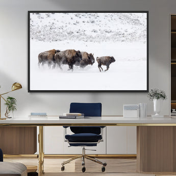 61161423-MGV-FC-36X24_Black-Running Bison Herd Wall Art – Winter Buffalo Canvas Print, Wildlife Photography Decor for Rustic Living Room, Farmhouse, Lodge,