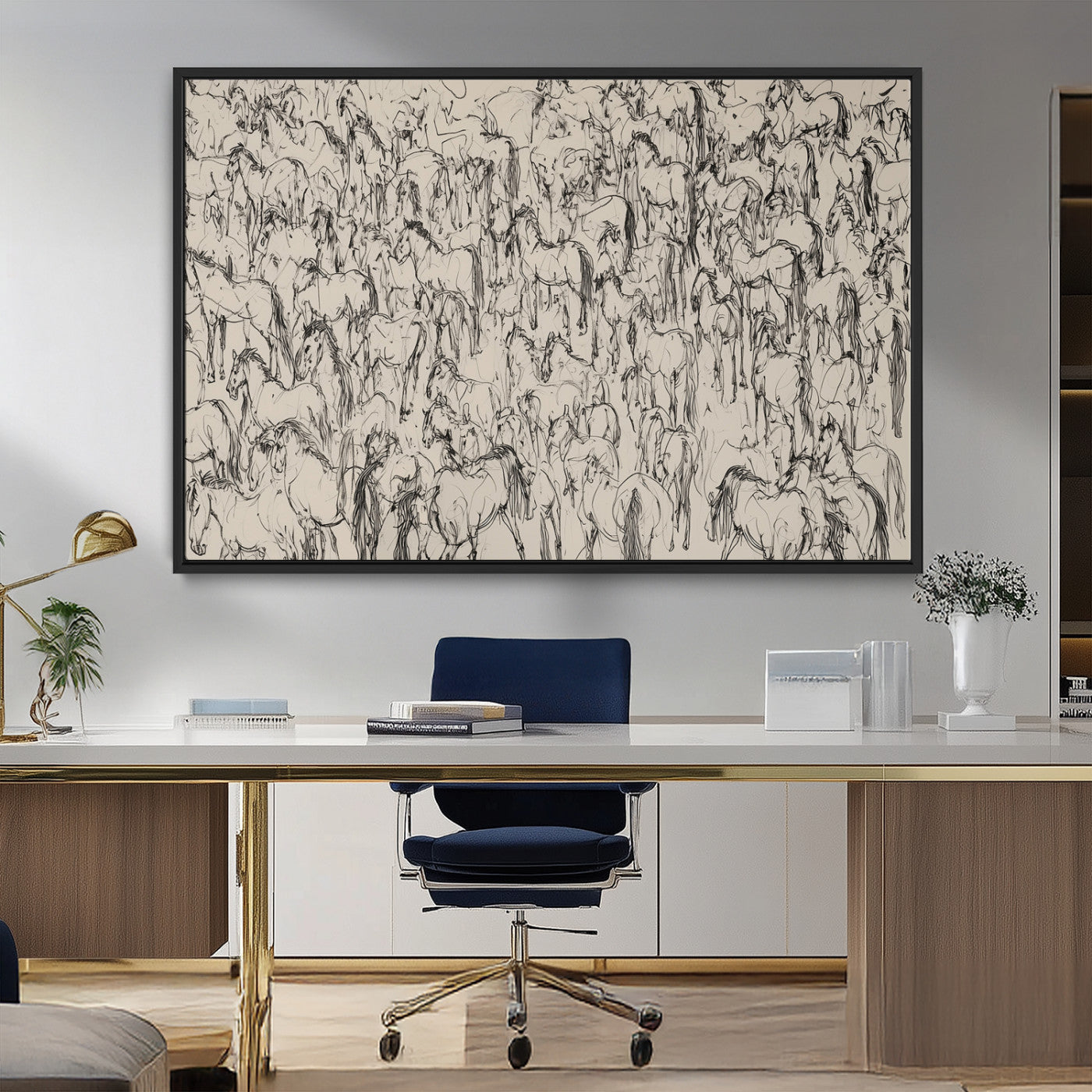 12358908-MGV-FC-36X24_Black-Horse Herd Sketch Wall Art – Abstract Wild Horses Line Drawing Canvas Print, Rustic Western Style Equestrian Decor for Living