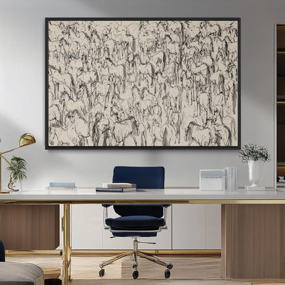 12358908-MGV-FC-36X24_Black-Horse Herd Sketch Wall Art – Abstract Wild Horses Line Drawing Canvas Print, Rustic Western Style Equestrian Decor for Living
