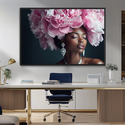35482880-MGV-CV-36X24-Floral Portrait Wall Art – Elegant Woman with Pink Peony Headpiece Canvas Print, Luxury Fashion Inspired Artwork, Modern Glam