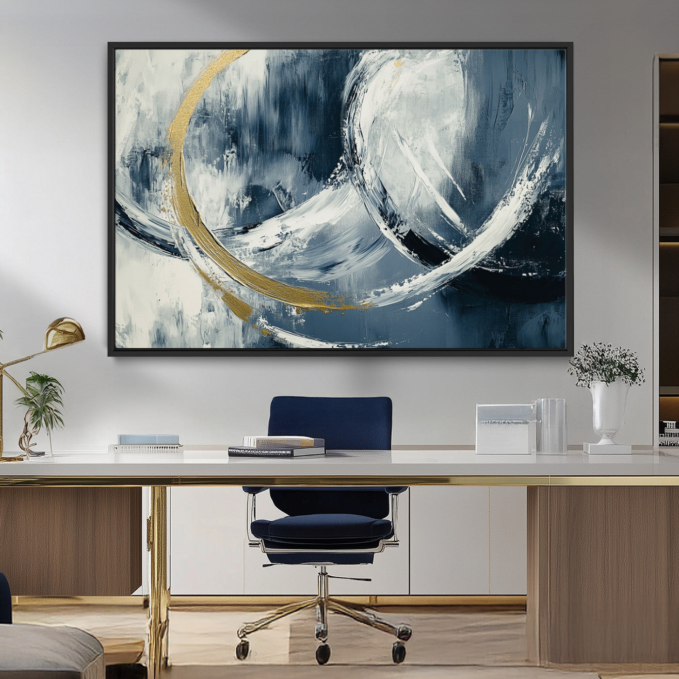 97295757-MGV-CV-36X24-Abstract Blue and Gold Wall Art – Modern Luxury Canvas Print, Navy White Brushstroke Painting, Contemporary Living Room Office