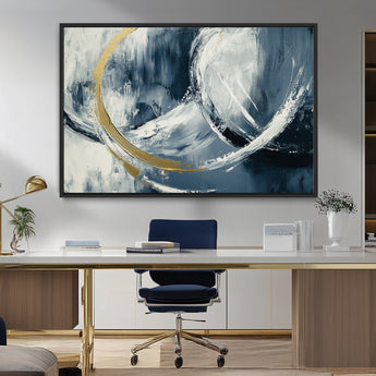 97295757-MGV-CV-36X24-Abstract Blue and Gold Wall Art – Modern Luxury Canvas Print, Navy White Brushstroke Painting, Contemporary Living Room Office
