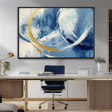 42475677-MGV-CV-36X24-Blue and Gold Abstract Wall Art – Modern Luxury Canvas Print, Navy White Brushstroke Painting, Contemporary Home Office Living