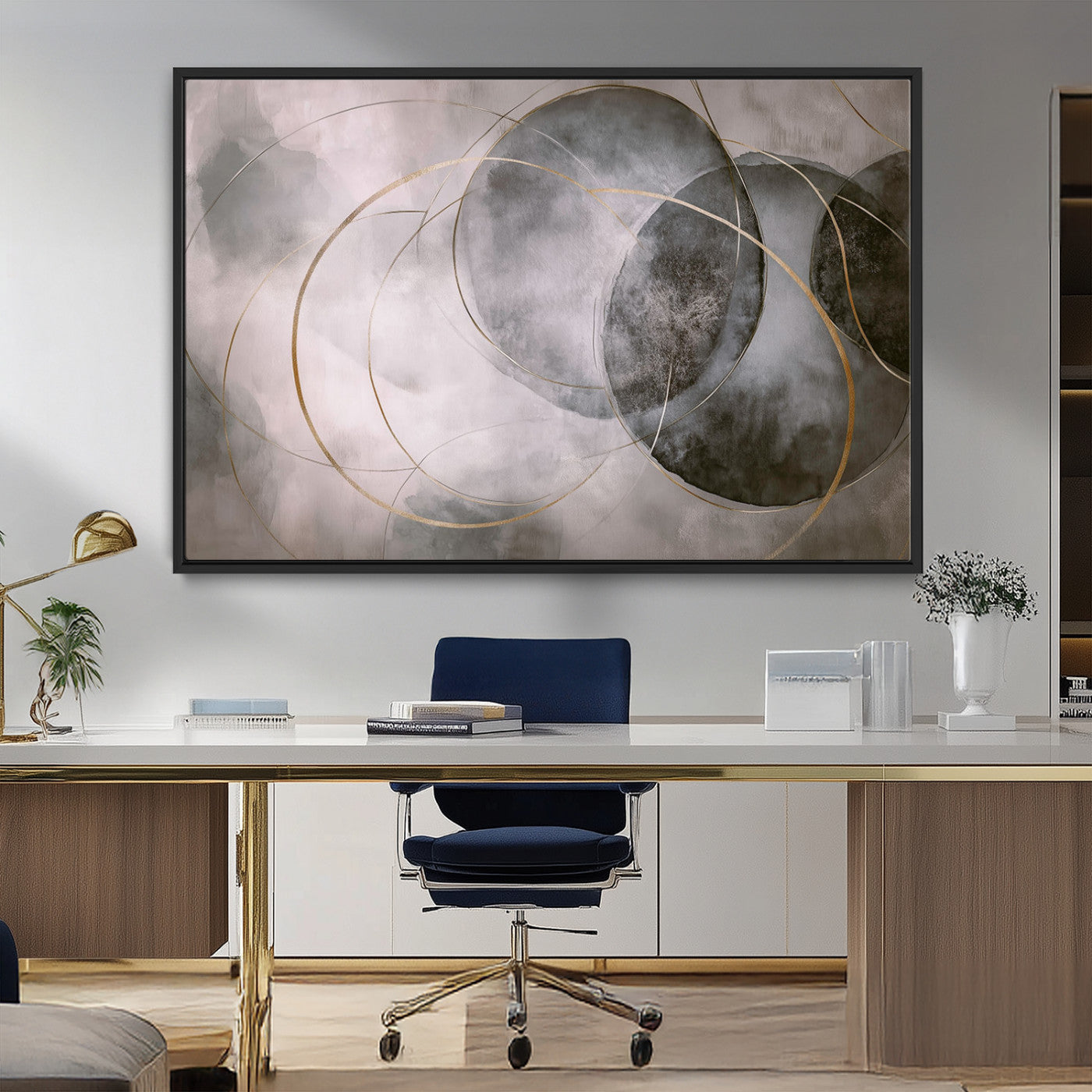 20066876-MGV-CV-36X24-Neutral Abstract Circle Wall Art – Modern Gray Beige Gold Canvas Print, Minimalist Geometric Painting for Bedroom, Living Room,