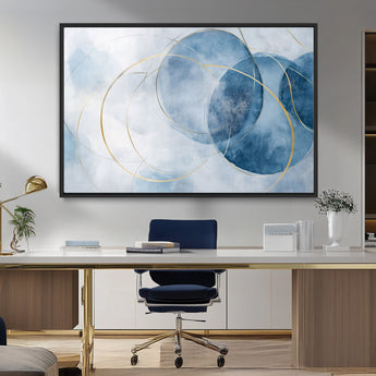 47060443-MGV-CV-36X24-Blue Abstract Circle Wall Art – Modern Gold and Navy Canvas Print, Minimalist Geometric Painting for Living Room, Bedroom, Office