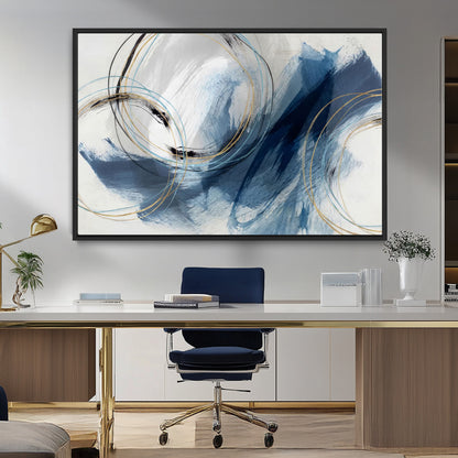 49589477-MGV-CV-36X24-Blue Abstract Wall Art – Modern Circle Canvas Print with Gold and Black Accents, Contemporary Fluid Brushstroke Painting for