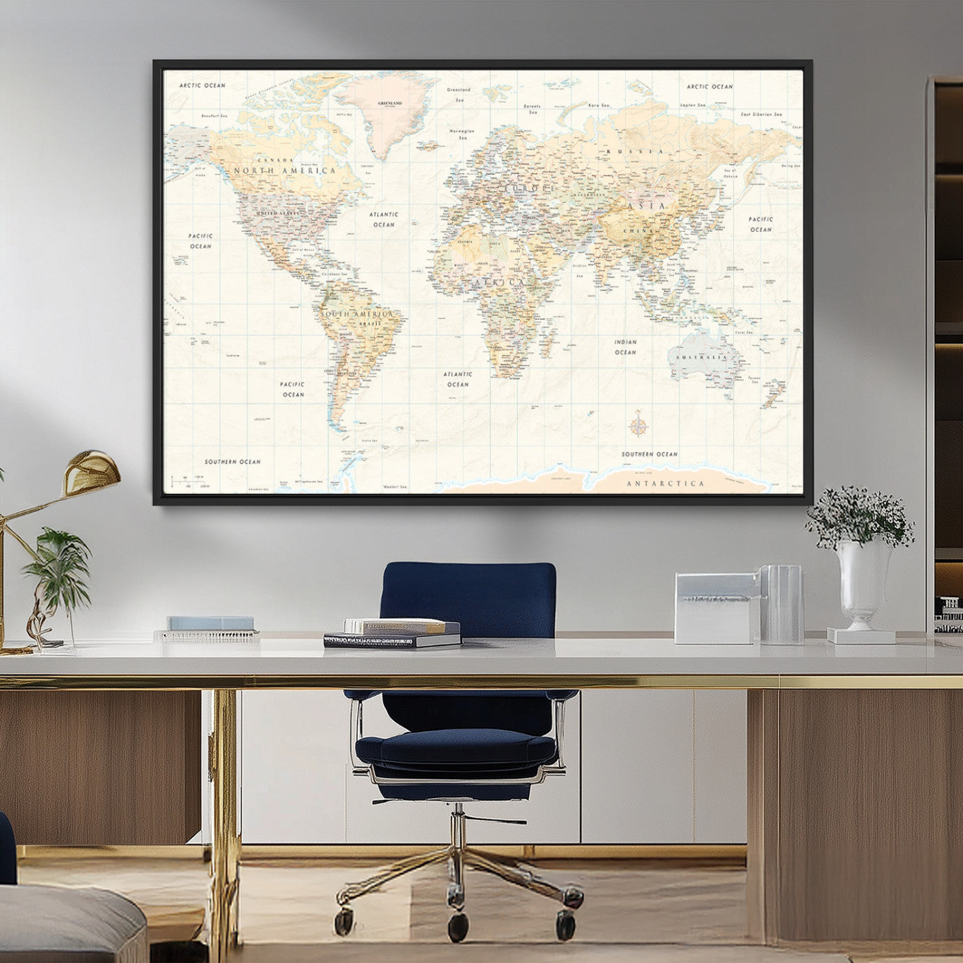 40660043-MGV-CV-36X24-World Map Wall Art – Large Detailed Atlas Style Map Print with Countries, Cities, and Oceans, Neutral Beige and Tan Educational