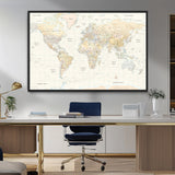 40660043-MGV-CV-36X24-World Map Wall Art – Large Detailed Atlas Style Map Print with Countries, Cities, and Oceans, Neutral Beige and Tan Educational