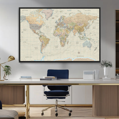 41929777-MGV-CV-36X24-World Map Wall Art – Large Detailed Political Atlas Style Map Print with Countries, Cities, and Oceans, Warm Earth Tone