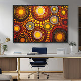 81120549-MGV-FC-36X24_Black-Abstract Dot Painting Wall Art – Vibrant Tribal Boho Style Canvas Print with Sunburst Mandala Circles in Warm Red, Yellow, Orange