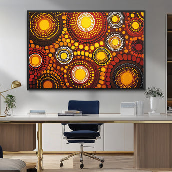 81120549-MGV-FC-36X24_Black-Abstract Dot Painting Wall Art – Vibrant Tribal Boho Style Canvas Print with Sunburst Mandala Circles in Warm Red, Yellow, Orange
