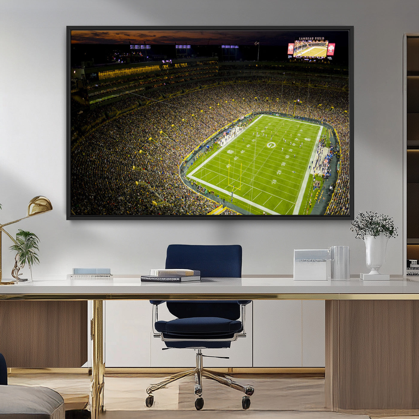 23655234-MGV-FC-36X24_Black-Lambeau Field Stadium Wall Art – American Football Night Game Canvas Print with Packed Crowd and Lights – Sports Decor for Man