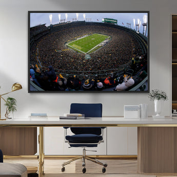 14387817-MGV-CV-36X24-Lambeau Field Stadium Wall Art – Green Bay Packers Game Day Canvas Print with Fireworks and Crowd – NFL Football Fan Man Cave