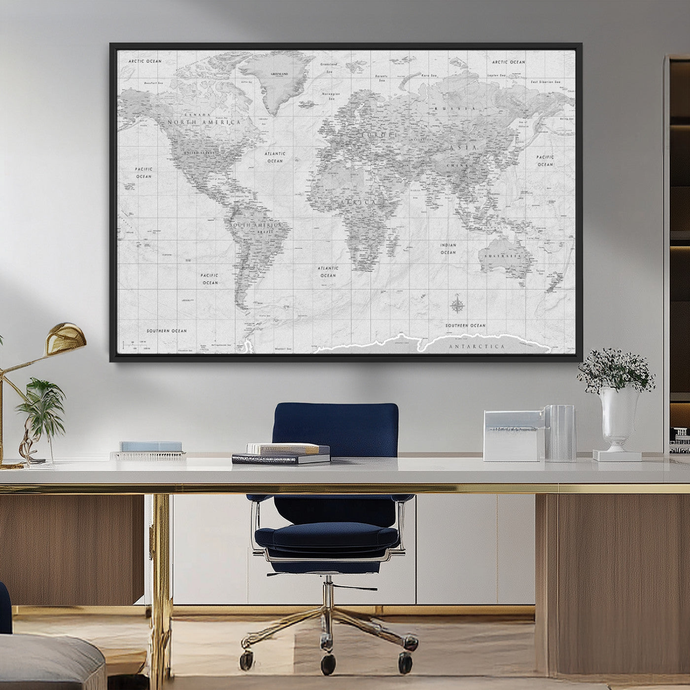 10516725-MGV-FC-36X24_Black-Black and White World Map Wall Art – Minimalist Grayscale Canvas Print – Modern Detailed Travel Map Poster for Home, Office, or