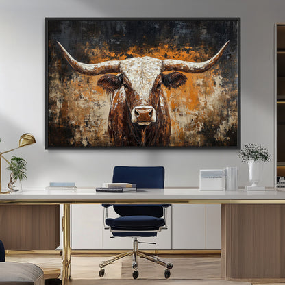 25265572-MGV-CV-36X24-Longhorn Bull Wall Art – Rustic Western Texas Steer Canvas Print, Textured Animal Painting for Home, Office, Man Cave or Farmhouse