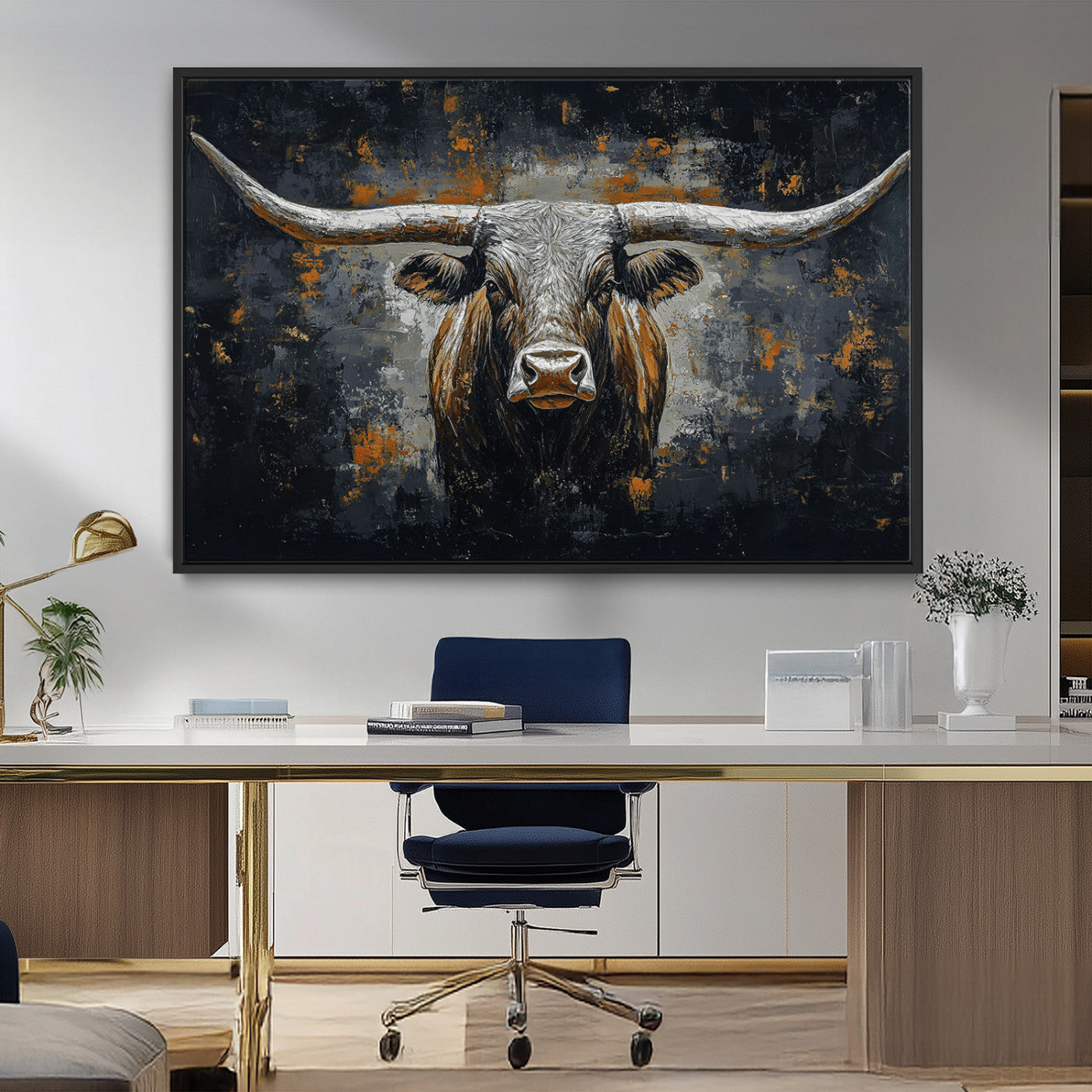 93195031-MGV-FC-36X24_Black-Dark Longhorn Bull Wall Art – Western Steer Canvas Print, Moody Rustic Animal Painting for Man Cave, Ranch House, Office or Modern